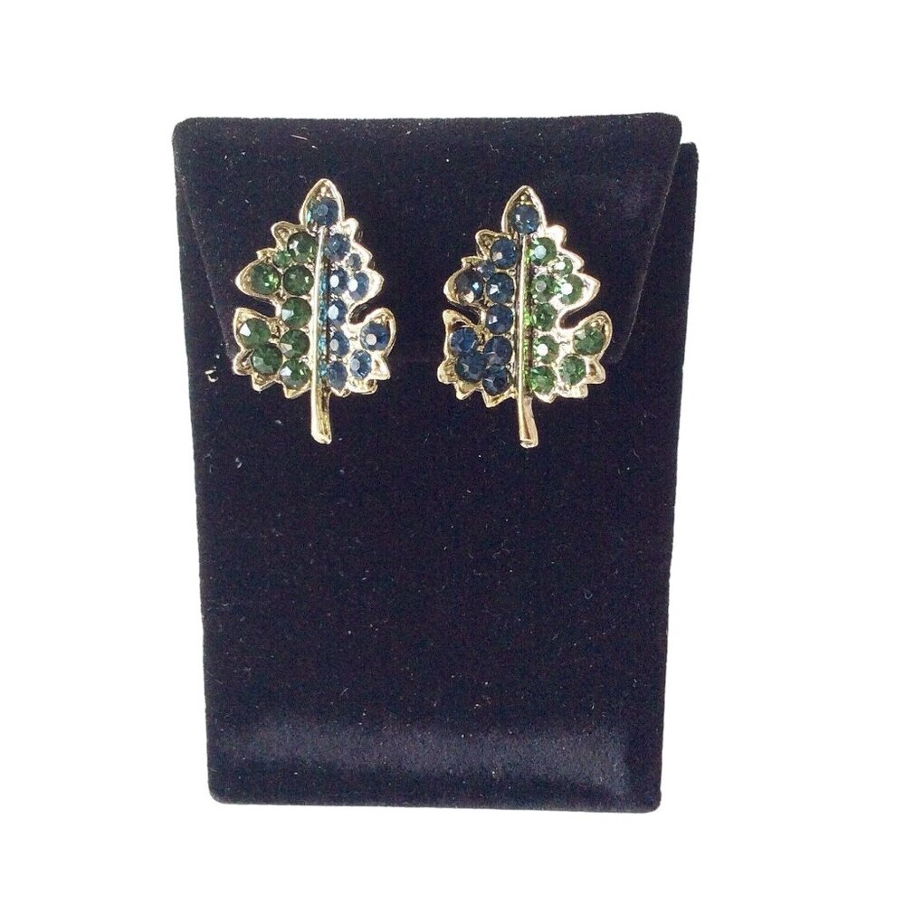 Green and Blue Rhinestones Vintage Earrings Clip On Gold Tone Leaves Design
